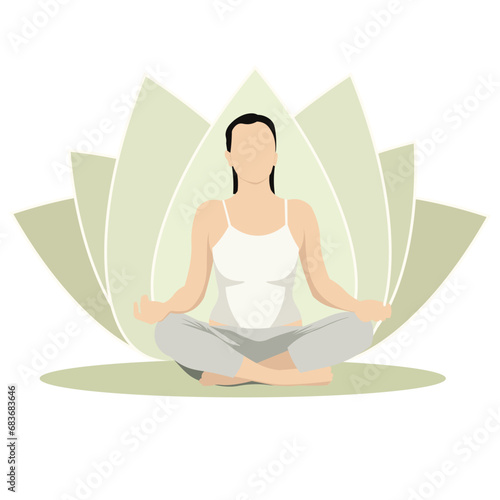 Woman meditates yoga and lotus flower. Spiritual practice for body and mind, relaxation and rest. Vector yoga illustration. Self-improvement for wellness and health.
