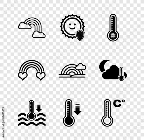 Set Rainbow with clouds, UV protection, Meteorology thermometer, Water, heart and icon. Vector