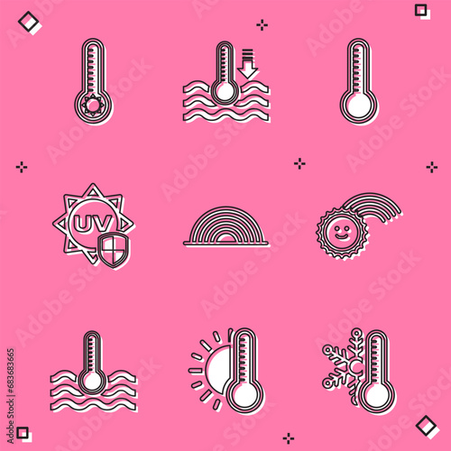 Set Meteorology thermometer, Water, UV protection, Rainbow, with sun, and Thermometer icon. Vector