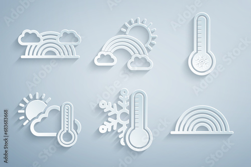 Set Thermometer with snowflake, Meteorology thermometer, and cloud, sun, Rainbow, clouds and icon. Vector