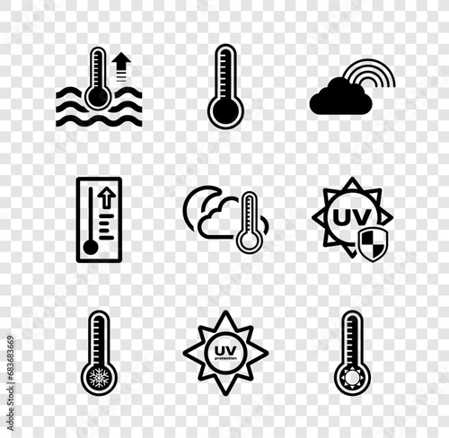 Set Water thermometer, Meteorology, Rainbow with cloud, UV protection, and Thermometer and moon icon. Vector