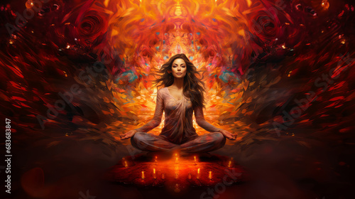 goddess woman meditating in a lotus pose surrounded light, on abstract background