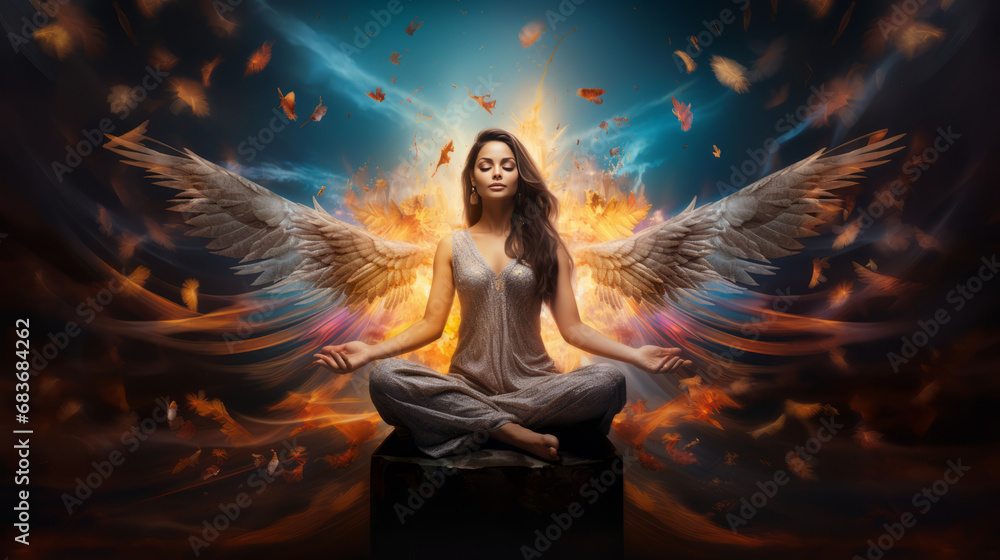 goddess woman meditating in lotus pose with wings on background in light, on abstract background