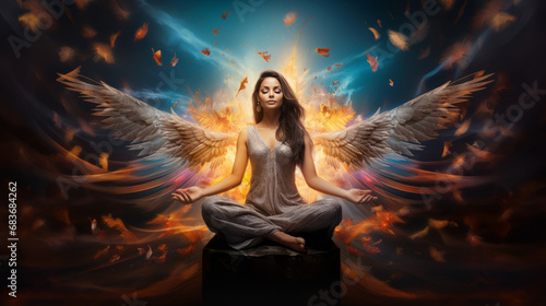 goddess woman meditating in lotus pose with wings on background in light, on abstract background