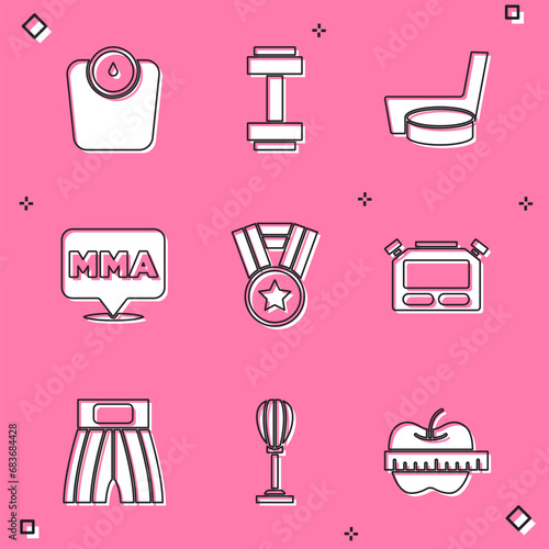 Set Bathroom scales, Dumbbell, Ice hockey stick and puck, Fight club MMA, Medal, Stopwatch, Boxing short and Punching bag icon. Vector