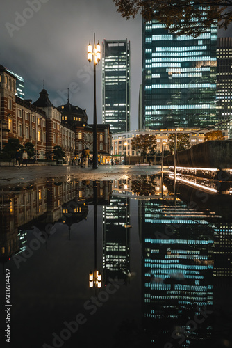 The city after the rain reflected in a puddle