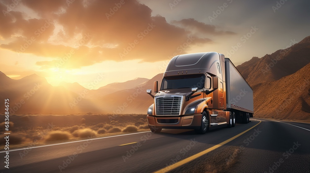 Semi-Truck Driving at Sunset on Desert Highway