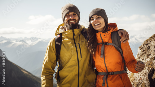 Joyful Couple Hiking in Mountainous Terrain