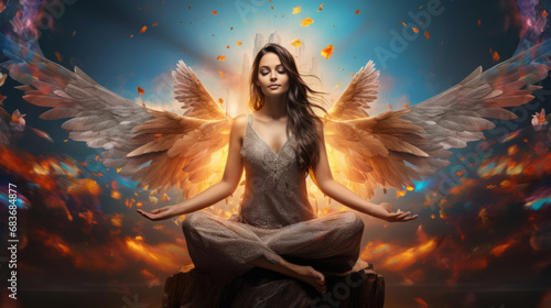 goddess woman meditating in lotus pose with wings on background in light, on abstract background