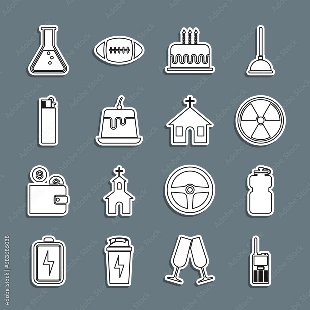 Set line Walkie talkie, Sport bottle with water, Radioactive, Cake burning candles, Pudding custard, Lighter, Test tube flask and Church building icon. Vector Set line Walkie talkie, Sport bottle with water, Radioactive, Cake burning candles, Pudding custard, Lighter, Test tube flask and Church building icon. Vector