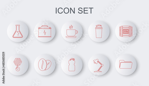 Set line Folder, Industrial hook, Coffee cup, Table lamp, Test tube and flask, Car battery, beans and Sport bottle with water icon. Vector