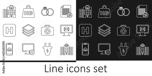 Set line Medical hospital building, Monitor and envelope, Wedding rings, Layers, Hospital, Dental clinic, First aid kit and Weight icon. Vector