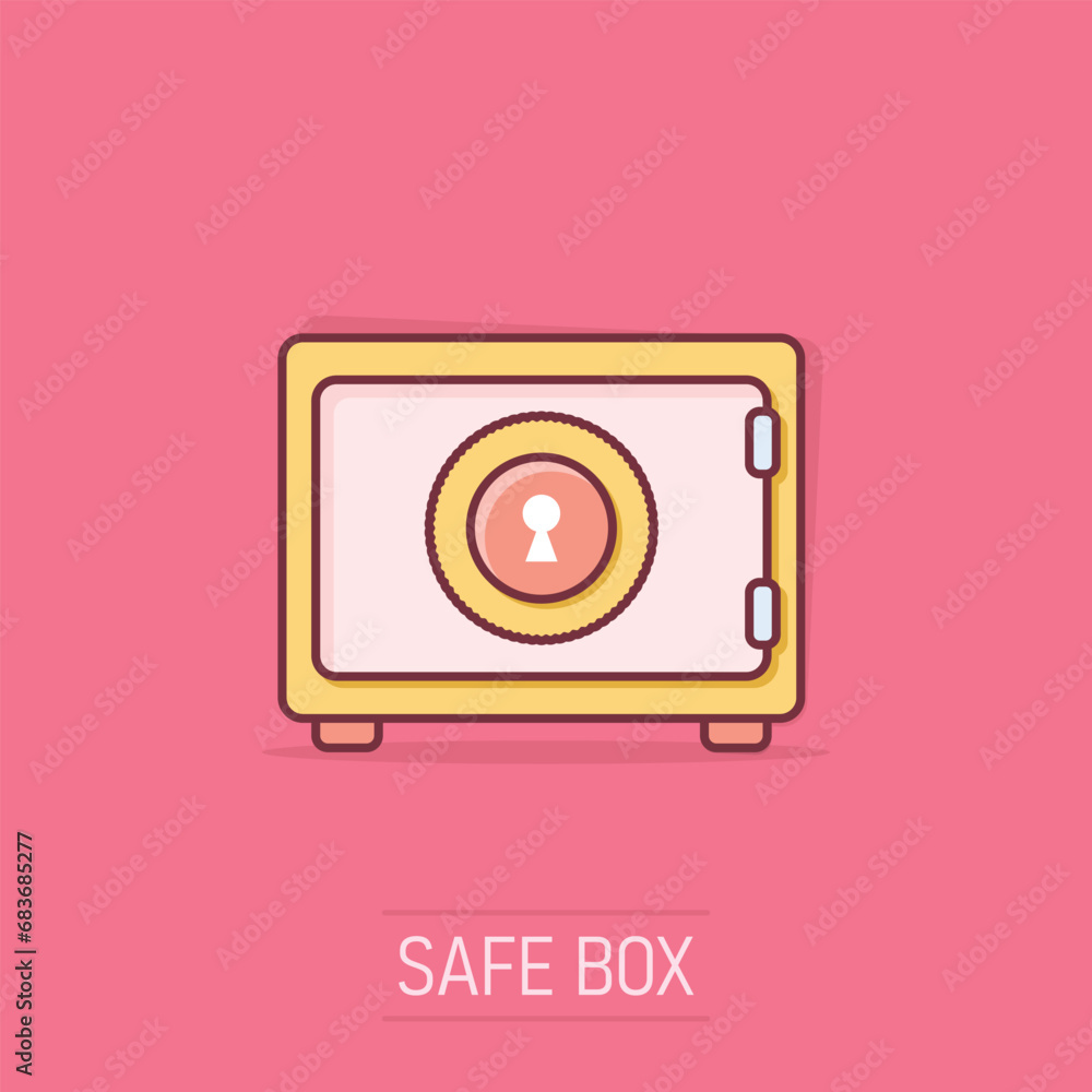 Vector cartoon money safe icon in comic style. Deposit money sign illustration pictogram. Protection business splash effect concept.