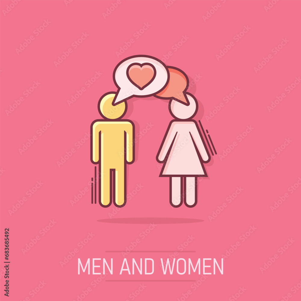 Vector cartoon man and woman with heart icon in comic style. People sign illustration pictogram. Relations business splash effect concept. Vector cartoon man and woman with heart icon in comic style. People sign illustration pictogram. Relations business splash effect concept.