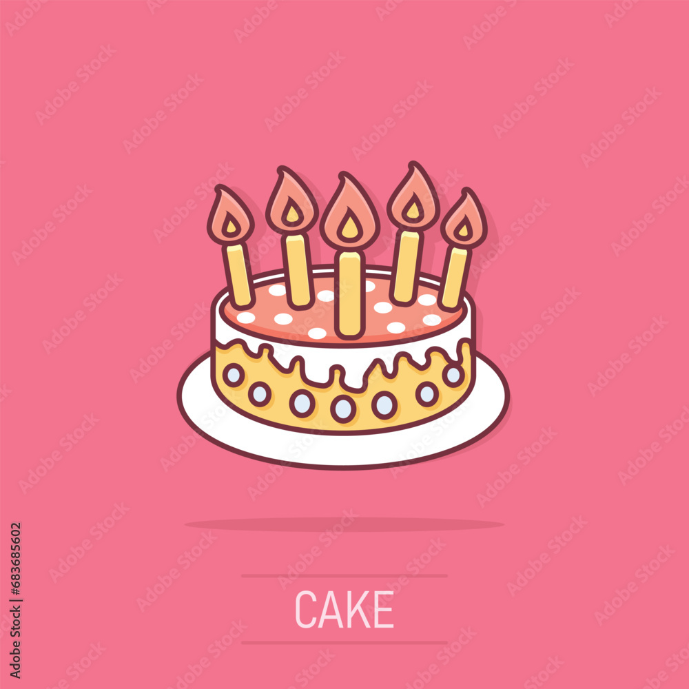 Vector cartoon cake with candle icon in comic style. Pie sign illustration pictogram. Dessert food business splash effect concept. Vector cartoon cake with candle icon in comic style. Pie sign illustration pictogram. Dessert food business splash effect concept.