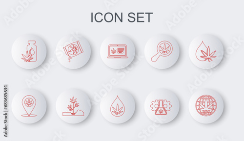 Set line Legalize marijuana, Location and, Online buying, Test tube with, Marijuana or cannabis leaf oil, seeds, Planting and icon. Vector