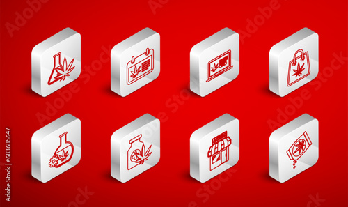 Set line Marijuana or cannabis seeds, Calendar and marijuana, Online buying, Shopping bag of, store, Test tube with, Medical bottle and icon. Vector