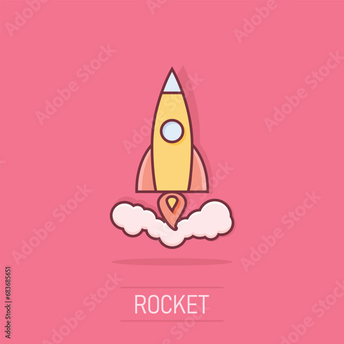 Vector cartoon rocket icon in comic style. Startup launch sign illustration pictogram. Rocket business splash effect concept.
