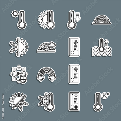 Set line Meteorology thermometer, Rainbow with sun, Water, cloud, Sun and snowflake, and icon. Vector