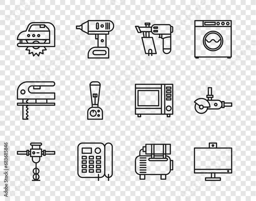 Set line Construction jackhammer, Computer monitor, Nail gun, Telephone, Electric circular saw, Blender, Air compressor and Angle grinder icon. Vector photo