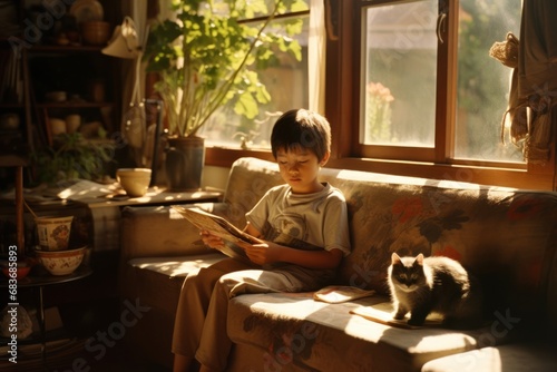 Asian boy's Cozy Afternoon Reading with a Feline Friend © Artbotics