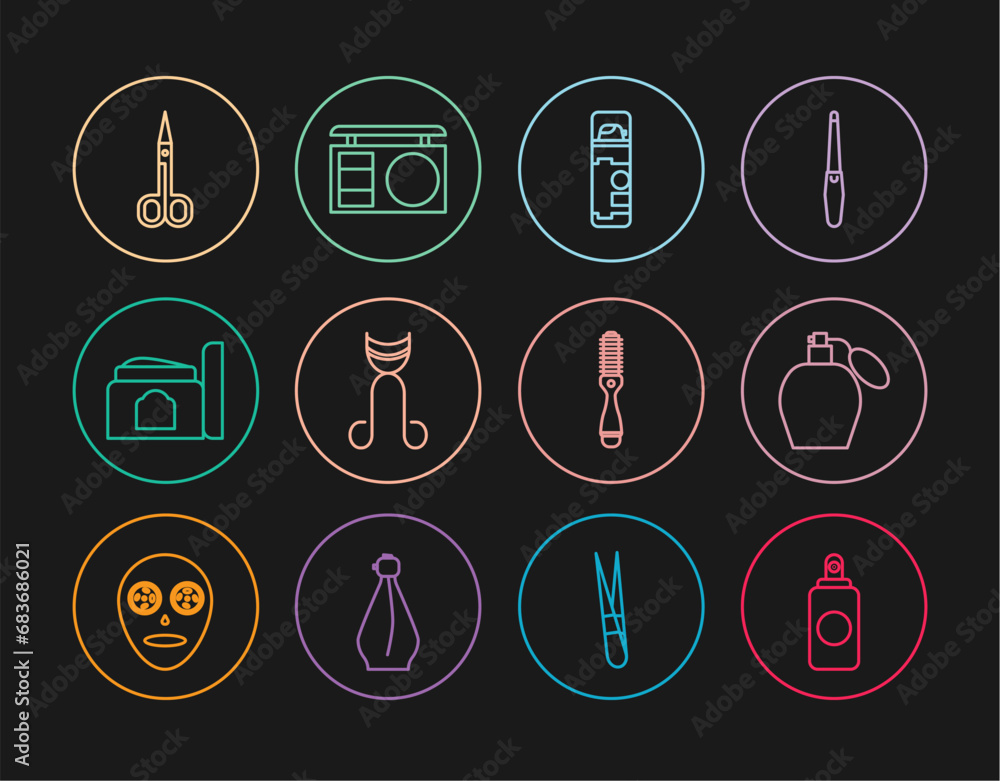 Set line Spray can, Perfume, Shaving gel foam, Eyelash curler, Cream cosmetic tube, Scissors, Hairbrush and shadow palette icon. Vector Set line Spray can, Perfume, Shaving gel foam, Eyelash curler, Cream cosmetic tube, Scissors, Hairbrush and shadow palette icon. Vector