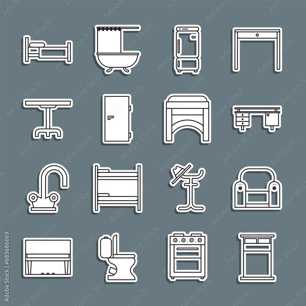 Set line Big bed, Armchair, Office desk, Refrigerator, Closed door, Round table, Bed and Chair icon. Vector Set line Big bed, Armchair, Office desk, Refrigerator, Closed door, Round table, Bed and Chair icon. Vector