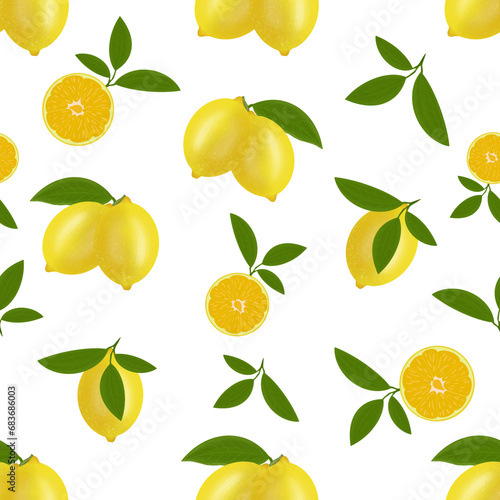 Fototapeta Naklejka Na Ścianę i Meble -  Beautiful colorful illustration, pattern, with lemon fruits, as well as a citrus fruit in section and with green leaves. Can be used as your design elements