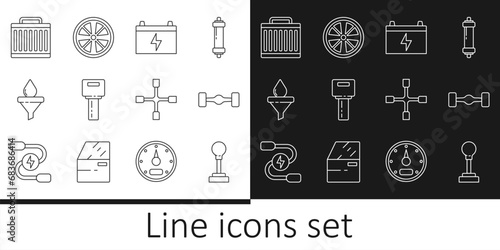 Set line Gear shifter, Chassis car, Car battery, key with remote, Funnel and oil drop, radiator cooling system, Wheel wrench and Alloy wheel icon. Vector