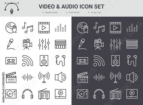 Video and audio icon set. Editable stroke