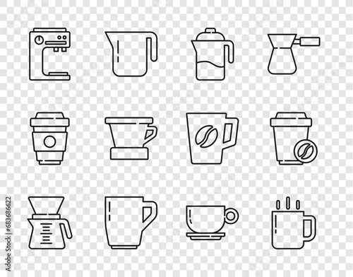Set line Pour over coffee maker, Coffee cup, French press, machine, V60, and to go icon. Vector