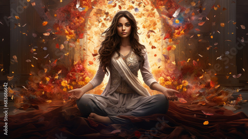 goddess woman meditating in a lotus pose surrounded light and butterflies, on abstract background