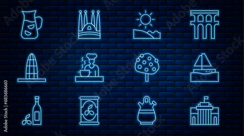 Set line Prado museum, Yacht sailboat, Beach, Spanish cook, Agbar tower, Sangria, Orange tree and Sagrada Familia icon. Vector