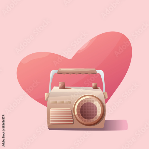 Cute retro radio with heart background