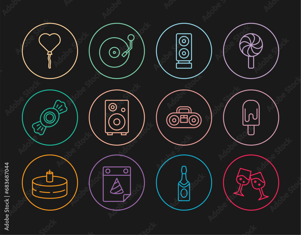 Set line Glass of champagne, Ice cream, Stereo speaker, Candy, Balloons in form heart, Home stereo with two speakers and Vinyl player disk icon. Vector