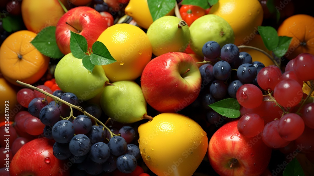 Fruits background. Multicolored fresh fruits and vegetables. Healthy food concept.
