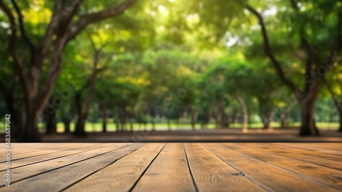 Wood floor with blurred trees