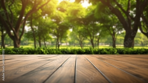 Wood floor with blurred trees