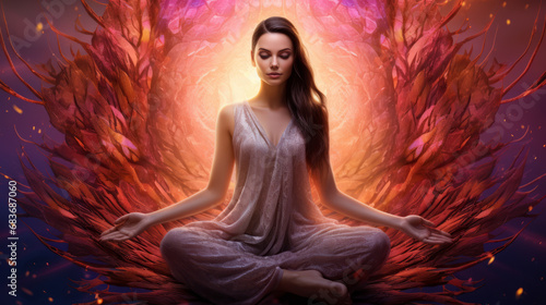 goddess woman meditating in a lotus pose surrounded light  on abstract background