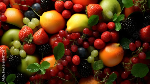 Mix of fresh fruits and berries as background  top view  closeup