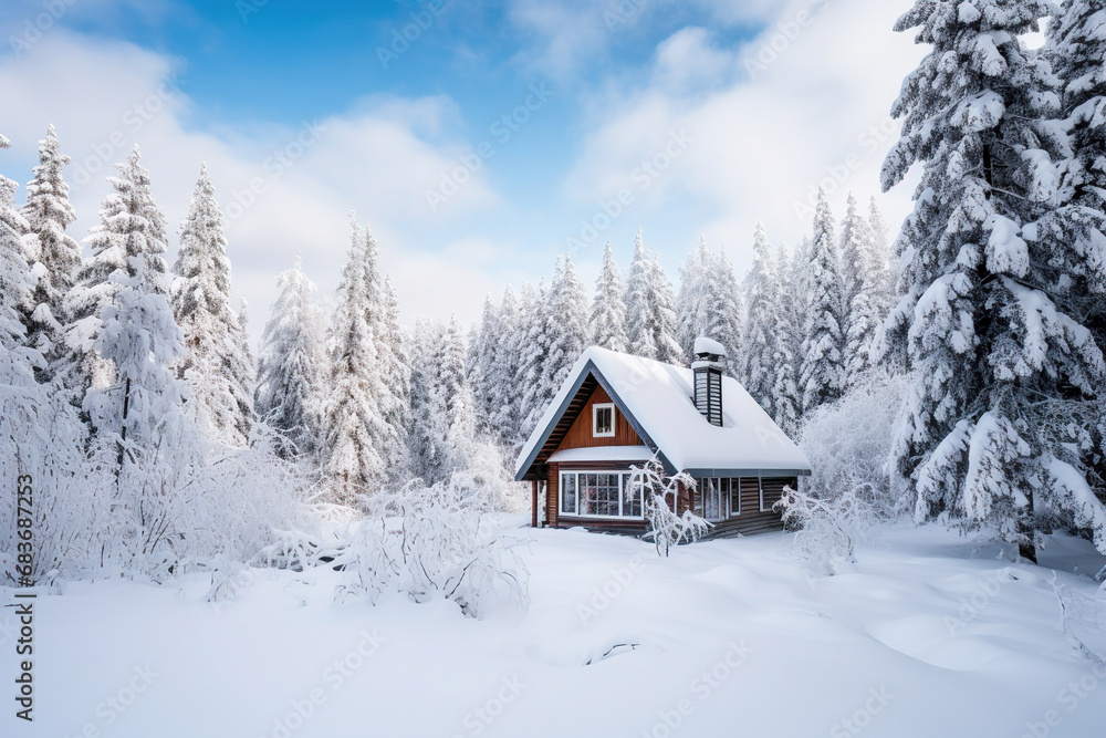 Naklejka premium Cabin in the Woods Covered in Snow. Generative Ai