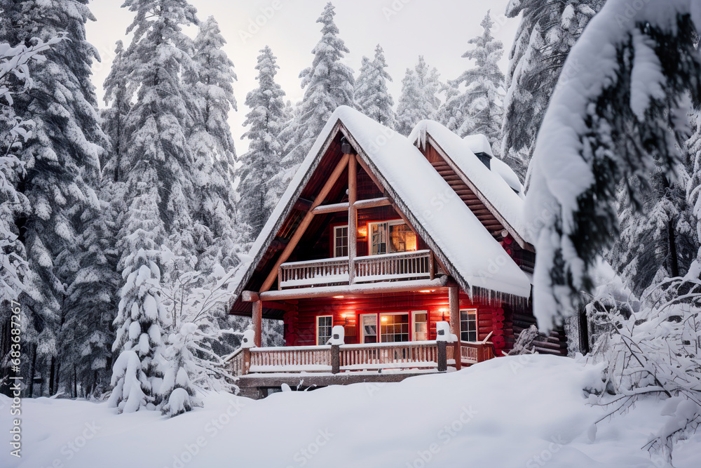 Cabin in the Woods Covered in Snow. Generative Ai Cabin in the Woods Covered in Snow. Generative Ai