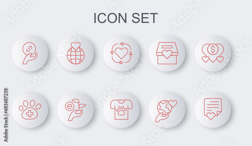 Set line Envelope with heart, Veterinary clinic, Volunteer, Hand holding Earth globe, Donation charity, Leaf hand and Animal volunteer icon. Vector