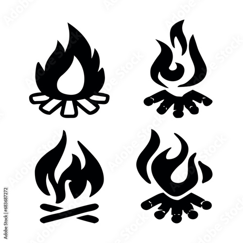 Campfire and Bonfire burning on firewood sign vector icon set