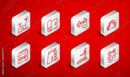 Set line Sports doping with dumbbell, Fitness mat roll, Dumbbell, Metal rack weight, Treadmill machine, Stationary bicycle, Short pants and Calendar fitness icon. Vector