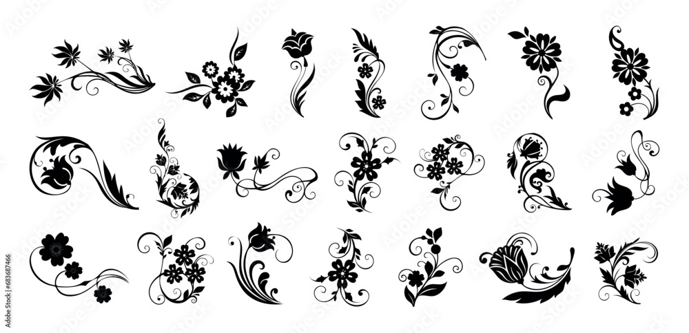 Styling daisy floral and flower silhouettes ornamental of vector icon set collection - obrazy, fototapety, plakaty 
