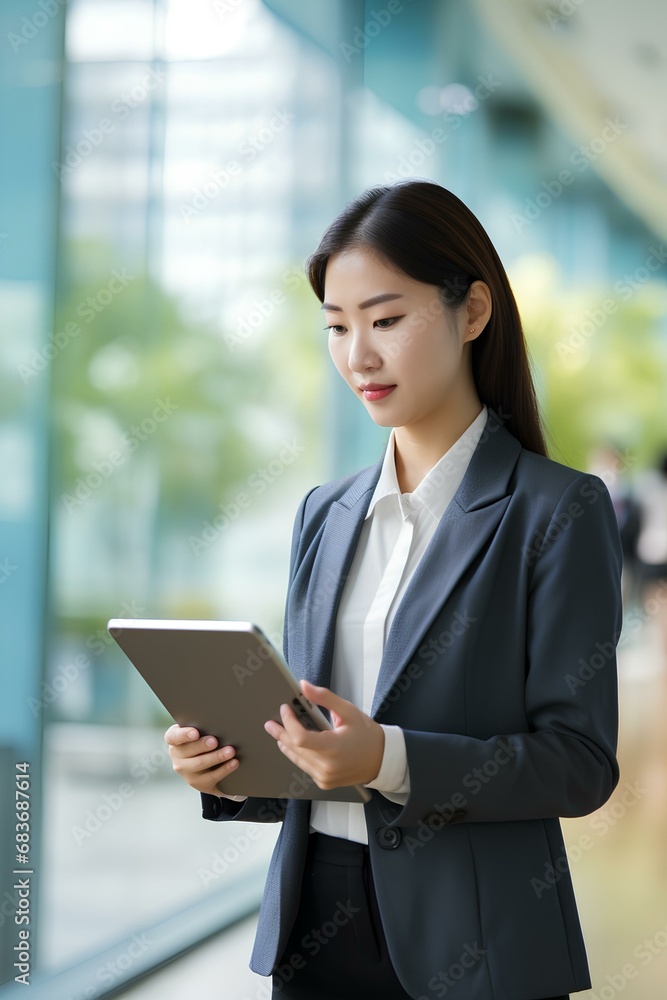 Busy young Korea business woman executive holding pad computer at work. East Asian female professional employee using digital tablet fintech device standing in office checking data. generative AI