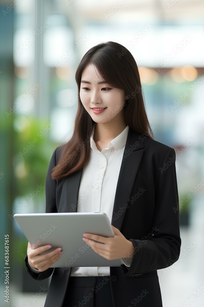 Busy young Korea business woman executive holding pad computer at work. East Asian female professional employee using digital tablet fintech device standing in office checking data. generative AI