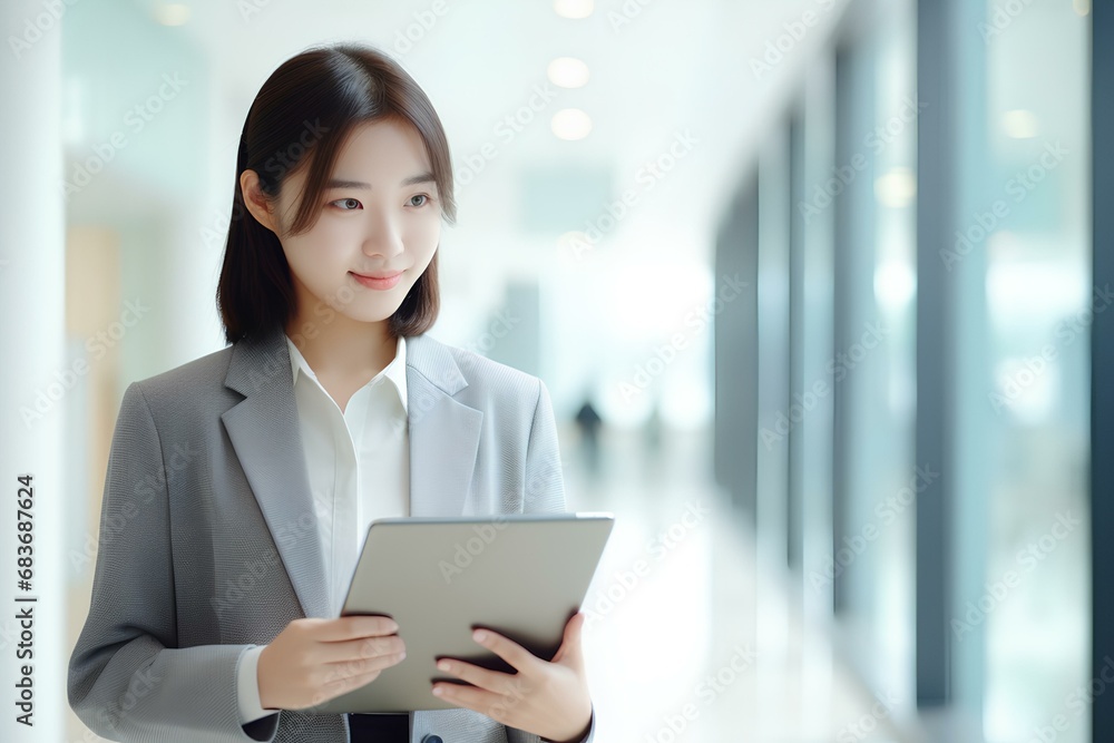 Busy young Korea business woman executive holding pad computer at work. East Asian female professional employee using digital tablet fintech device standing in office checking data. generative AI Busy young Korea business woman executive holding pad computer at work. East Asian female professional employee using digital tablet fintech device standing in office checking data. generative AI