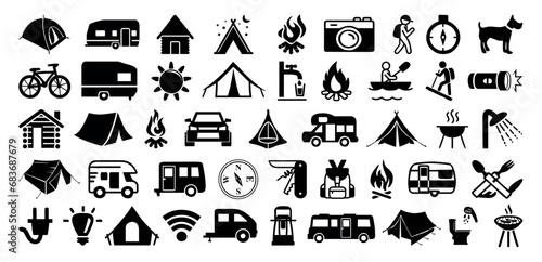 Travel and tourism icon set collection with camping design elements.
